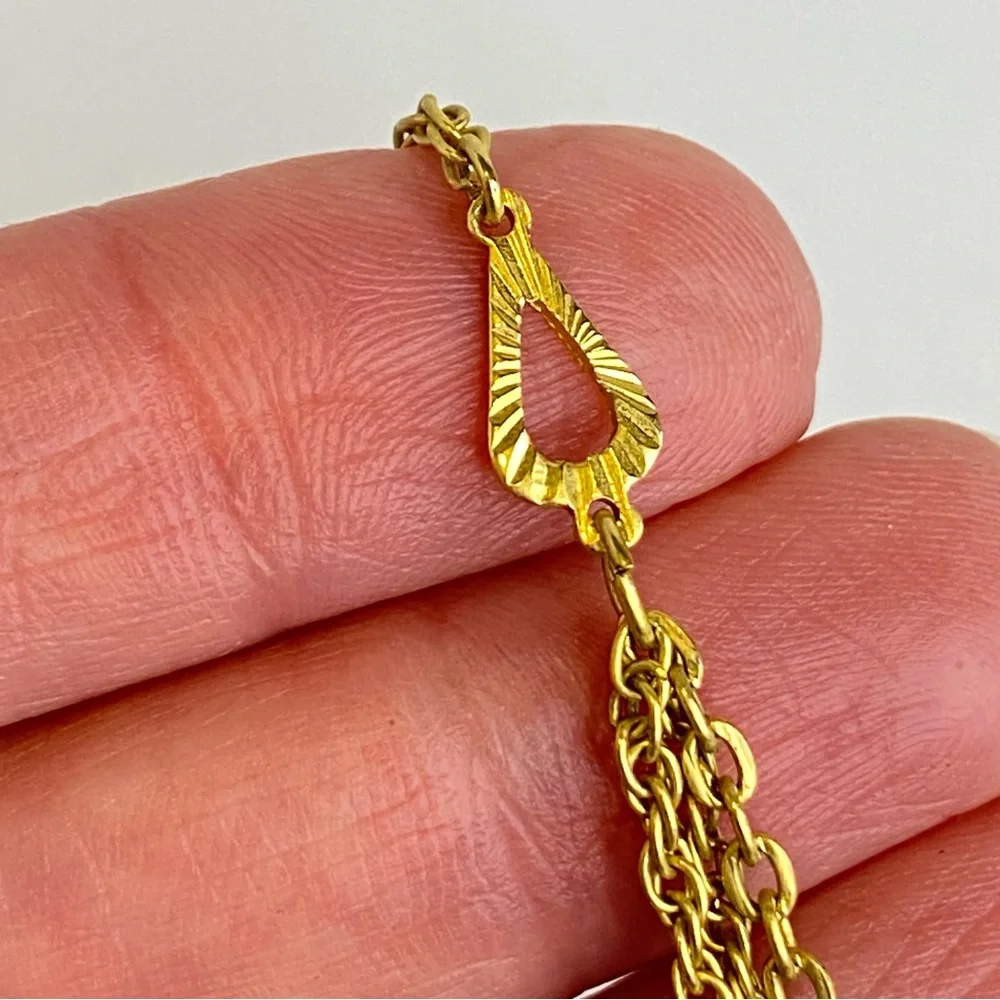 Vintage Necklace Gold Tone Triple Strand Rope Chain‎ Layered Teardrop MidCentury